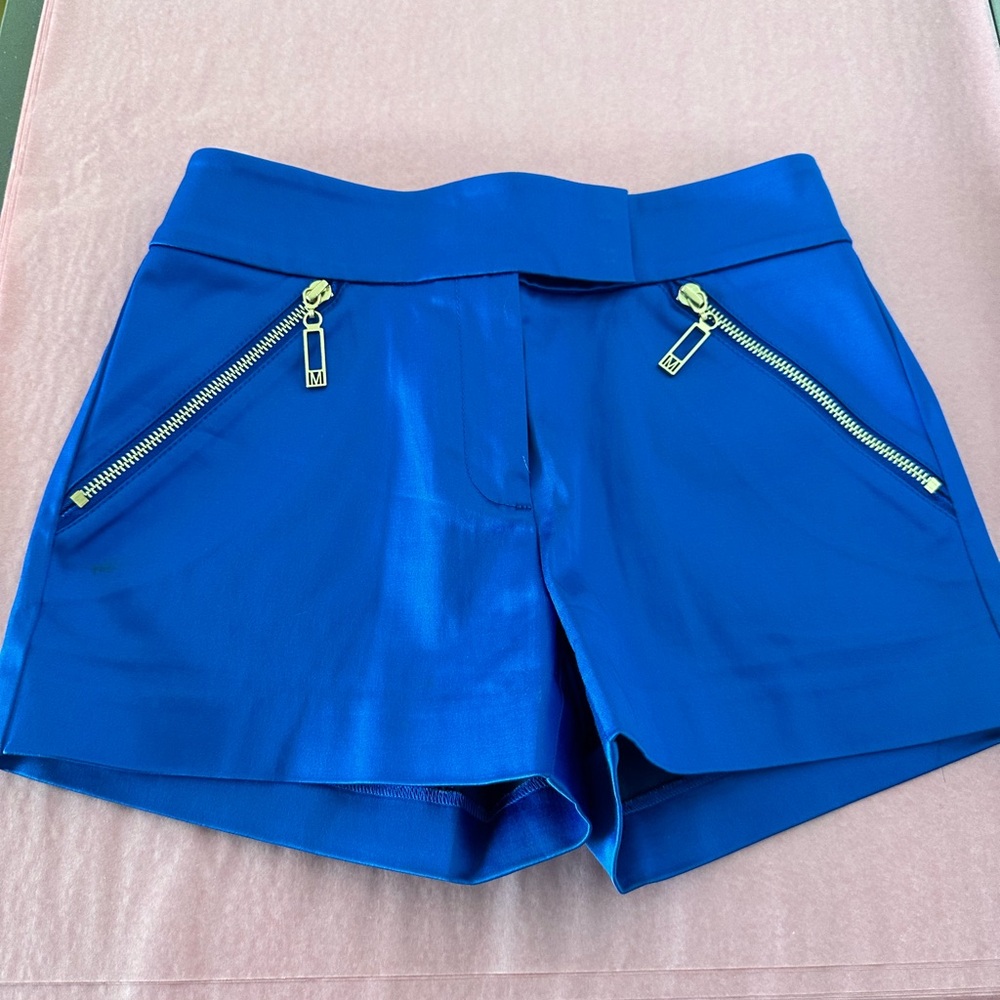 Marciano blue satin shorts front zipper pockets Royal blue 0
